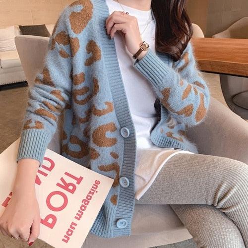 Elegant Cozy Knitting Cardigan - Women Leopard Sweater - Female Oversized Cardigan (TP4)(TB8C)