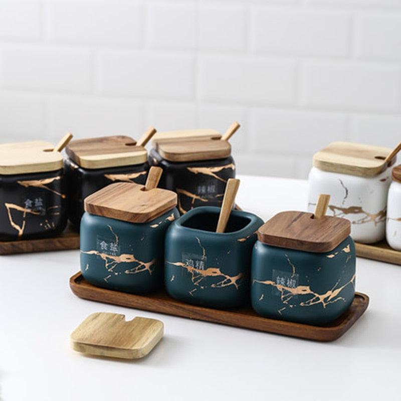 Creative Nordic Style Marble Pattern Ceramic Kitchen Seasoning Tank Set - Wooden Cover Salt Shaker Spice Jar (AK8)(F61)