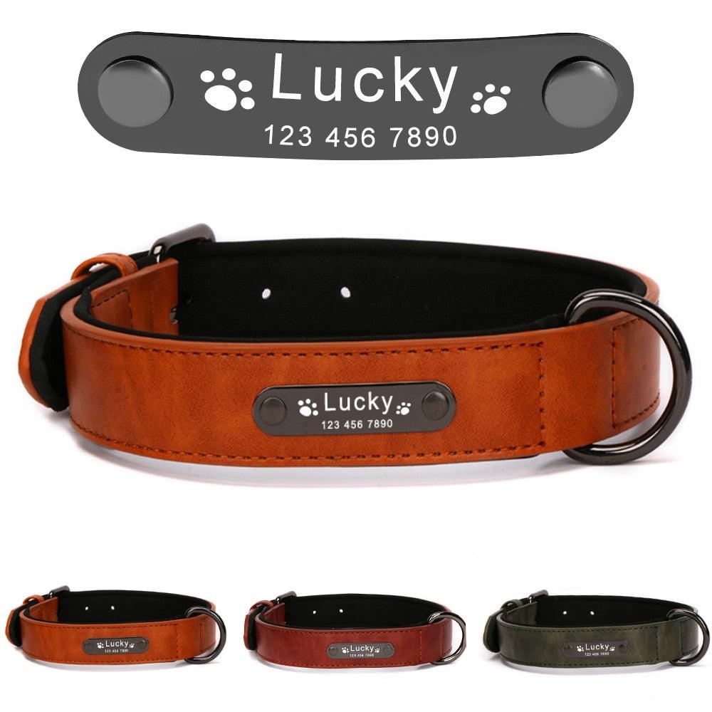 Custom Large Dog Collar Leather Personalized Big Small Dogs Collar - Dog ID Tag Luxury Engraved Name (D70)(1W1)