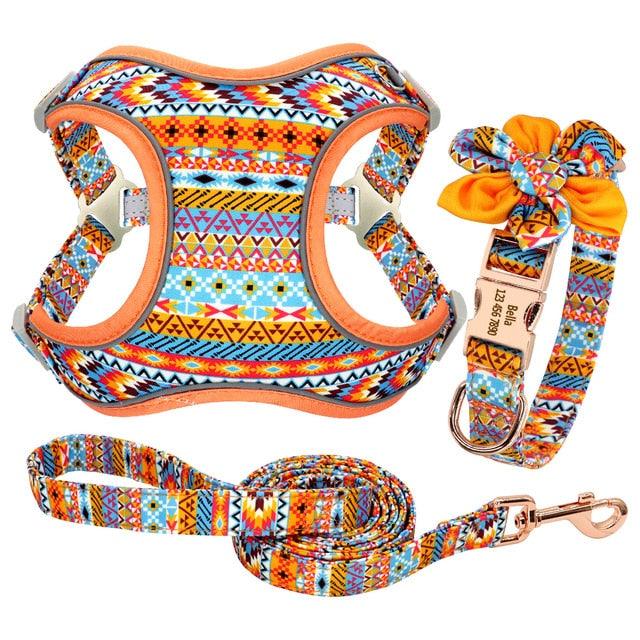 Custom Nylon Dog Collar Harness Leash Set - Personalized Nameplate ID Tag Collars Adjustable (3W1)(2W1)(1W1)(F70)