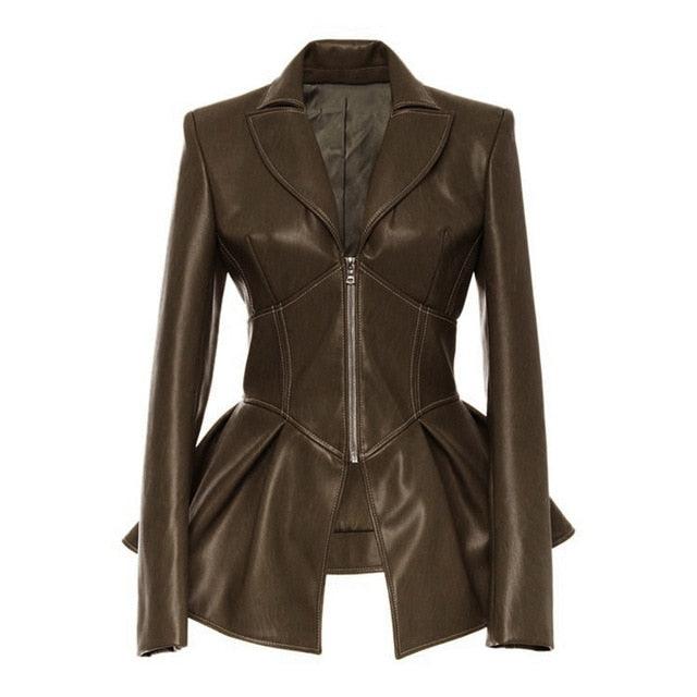 Trending New Turn Down Collar Full Sleeves Jacket - High Waist Zippers Short PU Leather Jacket (TB8B)