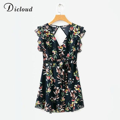 Chic Floral Mini Chiffon Dresses - Women Summer Butterfly Sleeve Beach Dress - Party V Neck Backless Wrap Dress (D18)(WS06)