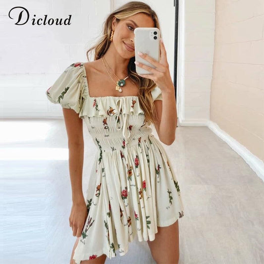 Summer White Women Day Dress - Floral Puff Sleeve Mini Party Dress - Lace-up Sexy Backless Outfit (WS06)