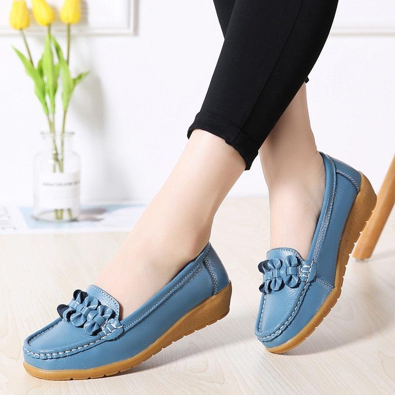 Great Women Ladies Genuine Leather Shoes - Flats Loafers Slip On Breathable Footwear (FS)