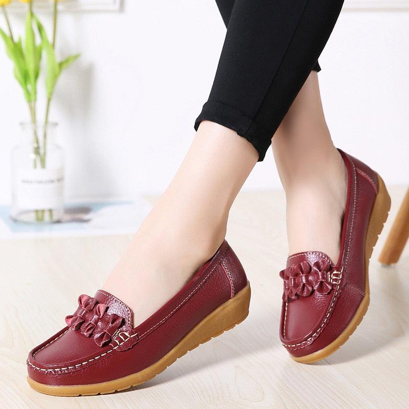 Great Women Ladies Genuine Leather Shoes - Flats Loafers Slip On Breathable Footwear (FS)