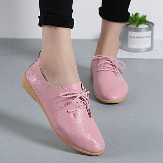 Women Ladies Female Mother Leather Shoes - Flats Loafers Genuine Leather Footwear (D40)(FS)