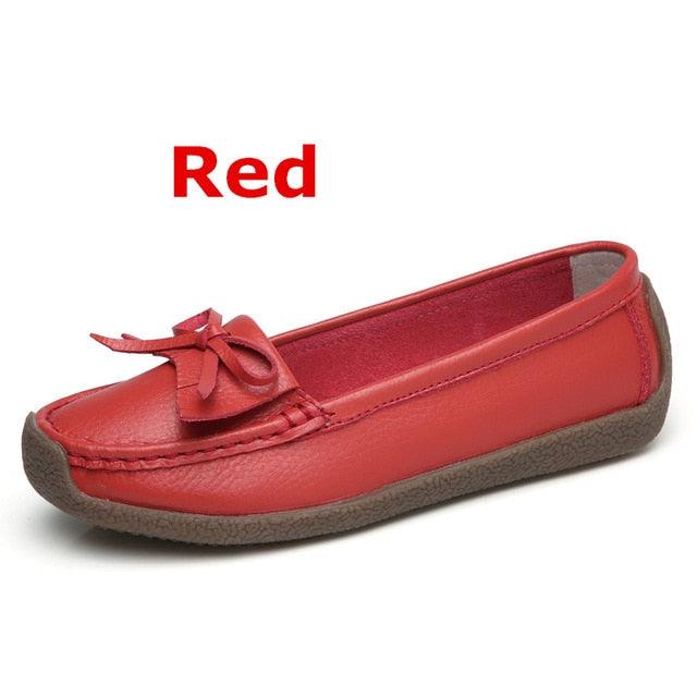 Comfortable Women Flat Shoes - Genuine Leather Slip On - Casual Bow (FS)