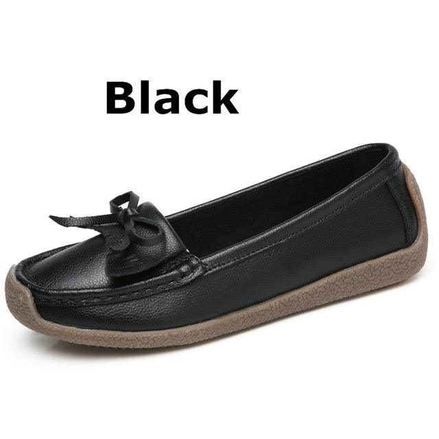 Comfortable Women Flat Shoes - Genuine Leather Slip On - Casual Bow (FS)