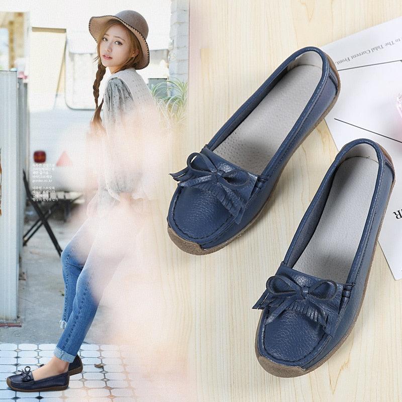 Comfortable Women Flat Shoes - Genuine Leather Slip On - Casual Bow (FS)