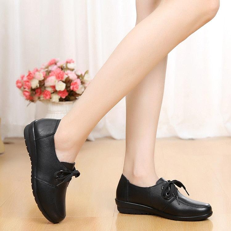 Women Flats Shoes - Loafers Cow Genuine Leather Lace Up Shoes (FS)