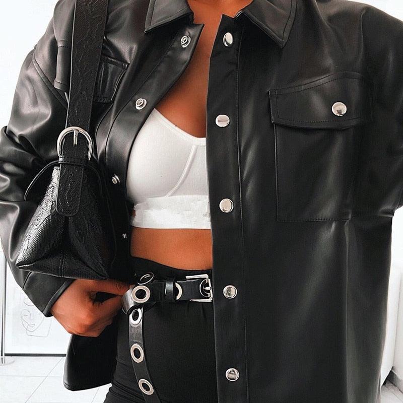 Streetwear Black PU Leather Blouse - Women Cardigan Buttons Fashion Shirt - Top Long Sleeve Solid Leather Blouses (TB4)