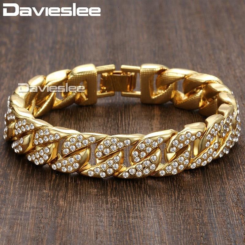 Great 14mm 20cm Men's Bracelet - Curb Cuban Chain - Yellow Gold Filled Paved Rhinestones (2U83)