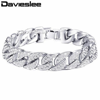 Great 14mm 20cm Men's Bracelet - Curb Cuban Chain - Yellow Gold Filled Paved Rhinestones (2U83)