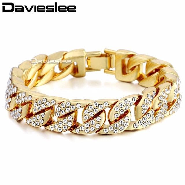 Great 14mm 20cm Men's Bracelet - Curb Cuban Chain - Yellow Gold Filled Paved Rhinestones (2U83)