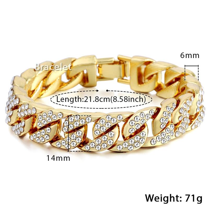 Great 14mm 20cm Men's Bracelet - Curb Cuban Chain - Yellow Gold Filled Paved Rhinestones (2U83)