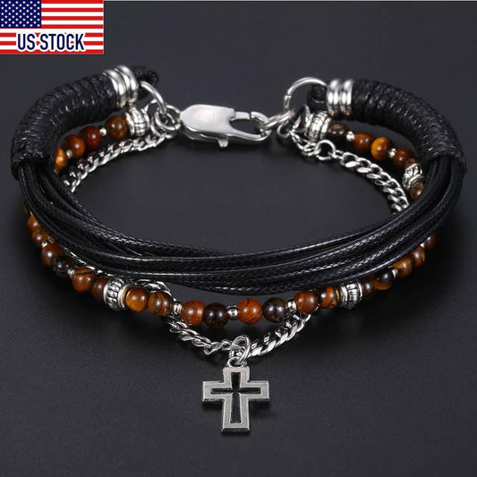 Great Men's Beaded Bracelet - Leather Stainless Steel Curb Cuban Chain - Cross Pendant Charm (2U83)
