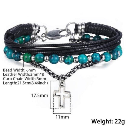 Great Men's Beaded Bracelet - Leather Stainless Steel Curb Cuban Chain - Cross Pendant Charm (2U83)