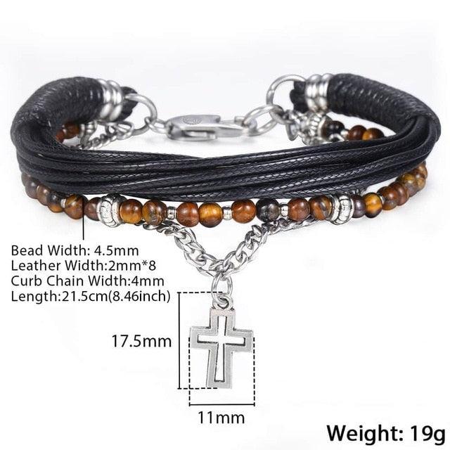 Great Men's Beaded Bracelet - Leather Stainless Steel Curb Cuban Chain - Cross Pendant Charm (2U83)