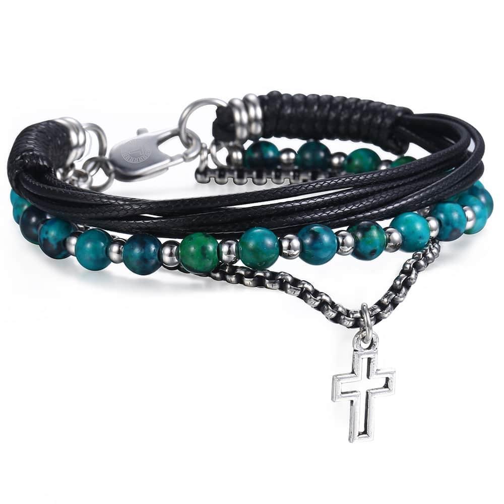 Great Men's Beaded Bracelet - Leather Stainless Steel Curb Cuban Chain - Cross Pendant Charm (2U83)