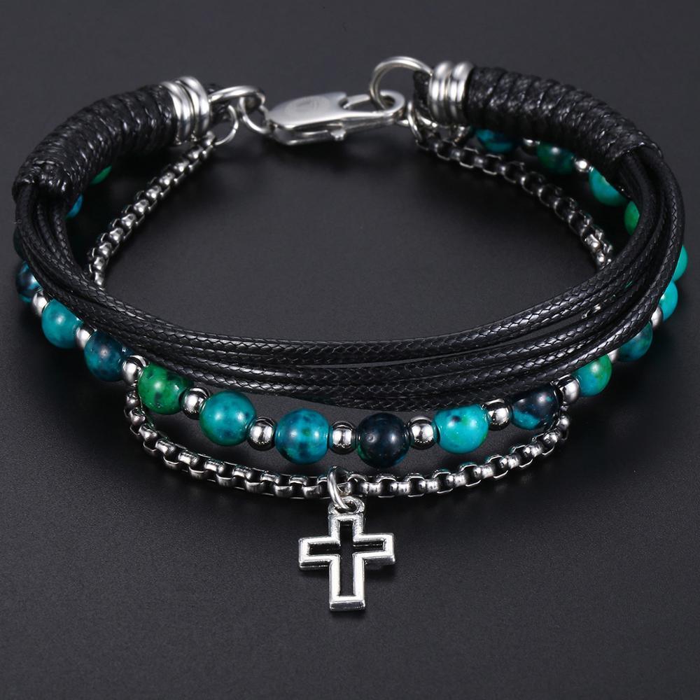 Great Men's Beaded Bracelet - Leather Stainless Steel Curb Cuban Chain - Cross Pendant Charm (2U83)