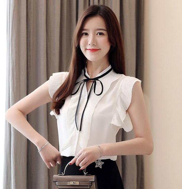 Great Summer Tops - Short Sleeve Women Chiffon Blouse - Elegant Bow Tie Ruffles Casual Shirt (TB1)(TB2)