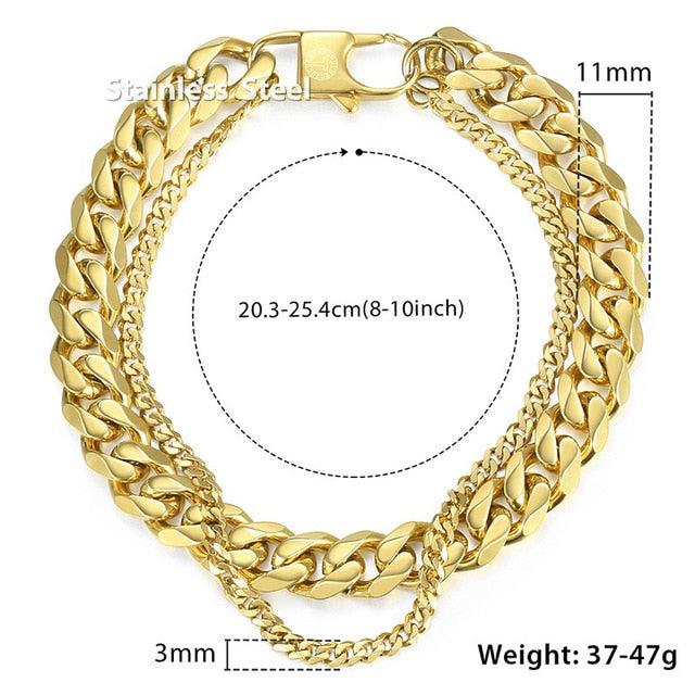 Double Curb Cuban Chain Bracelet - Men Stainless Steel Bracelet Link Gold Fashion Color (2U83)