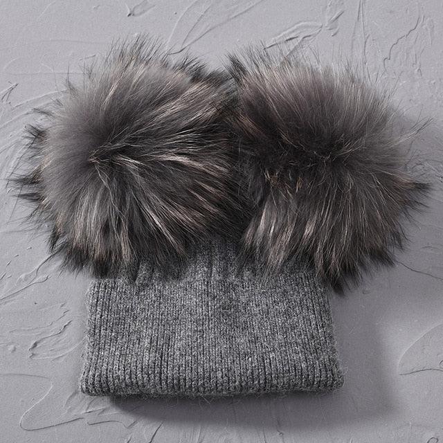 Gorgeous Fur Pompom Hat - Women Winter Beanies - Female Two Fur Beanie Hat (WH7)(F87)