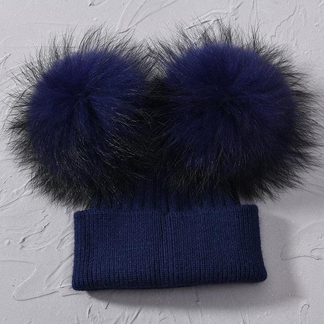 Gorgeous Fur Pompom Hat - Women Winter Beanies - Female Two Fur Beanie Hat (WH7)(F87)