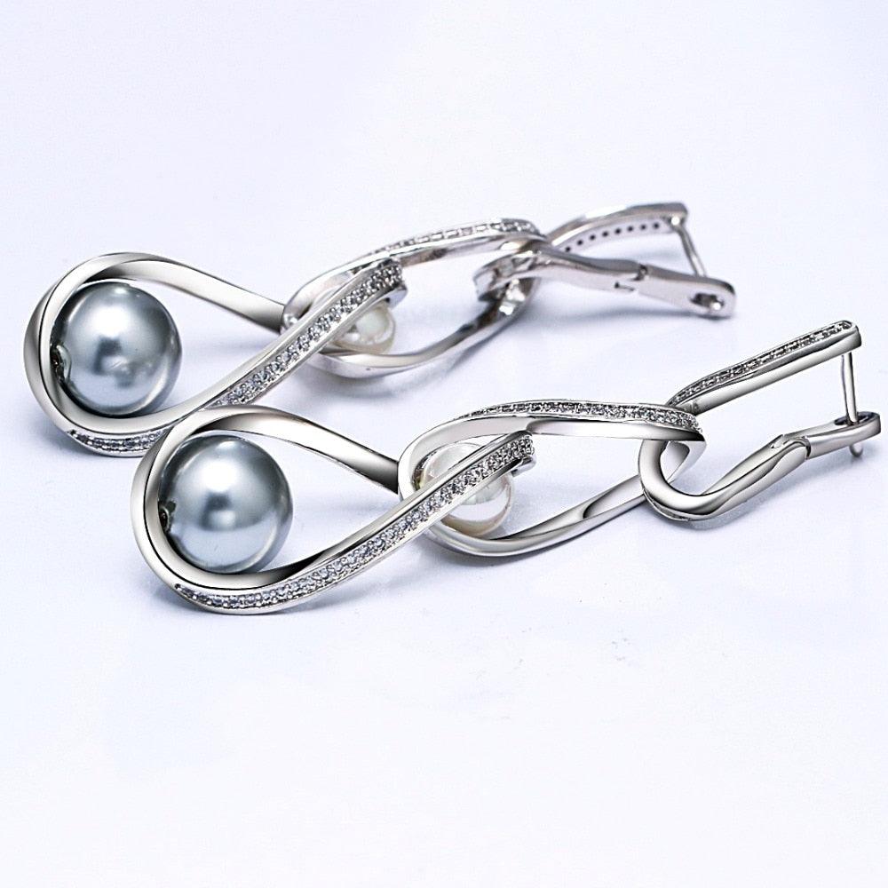 New Arrive Women Drop Earrings - White and Grey Synthetic Pearls Zirconia Jewelry (2JW2)(F81)