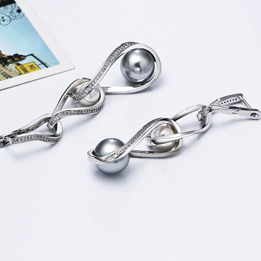 New Arrive Women Drop Earrings - White and Grey Synthetic Pearls Zirconia Jewelry (2JW2)(F81)