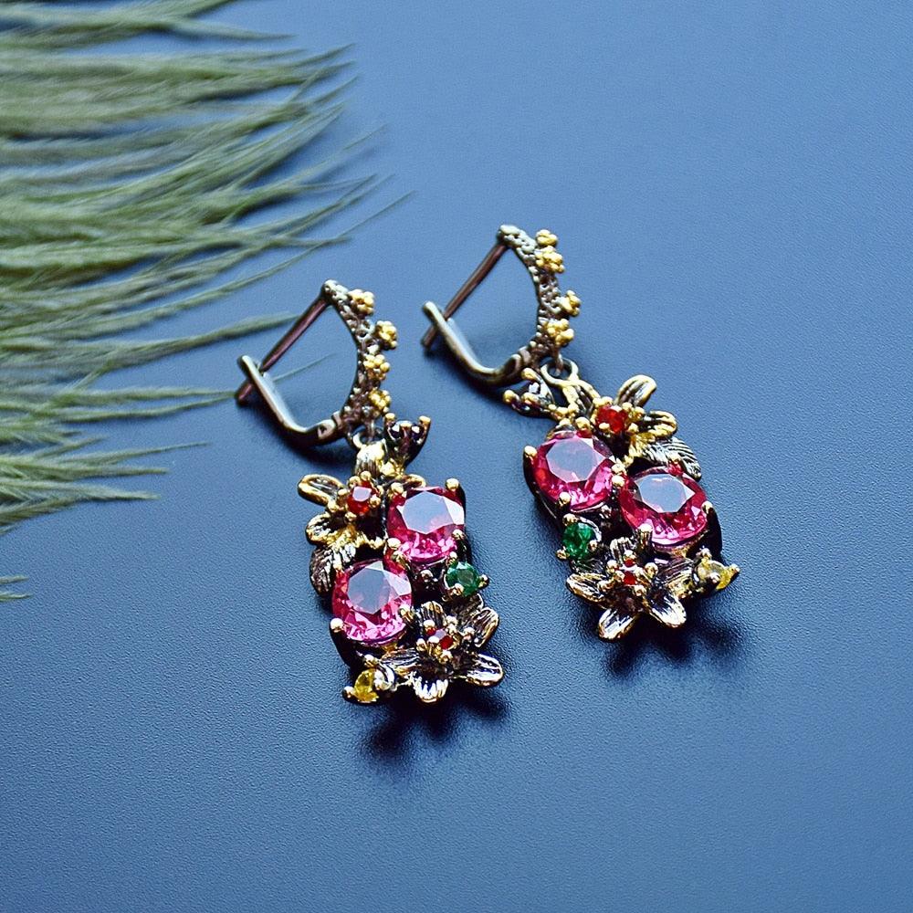 New Colorful Antique Earrings - Women Vintage Flower Style Fuchsia Zircon Dating Jewelry (D81)(2JW2)