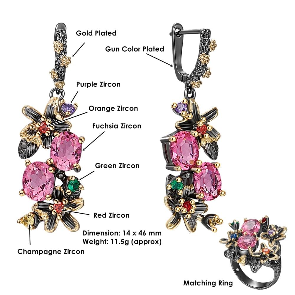 New Colorful Antique Earrings - Women Vintage Flower Style Fuchsia Zircon Dating Jewelry (D81)(2JW2)