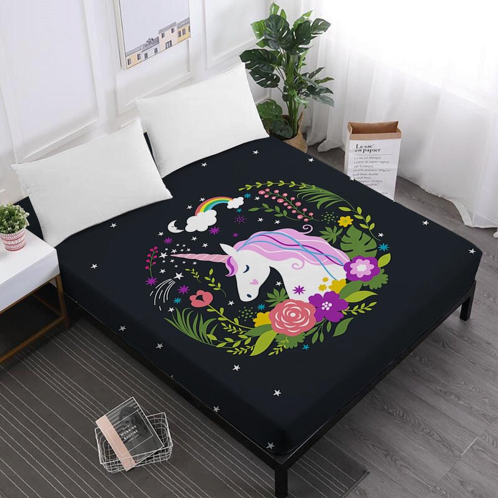 Purple Cartoon Bed Sheet Unicorn Fitted Sheet Colorful Flowers Plant Print (5BM)