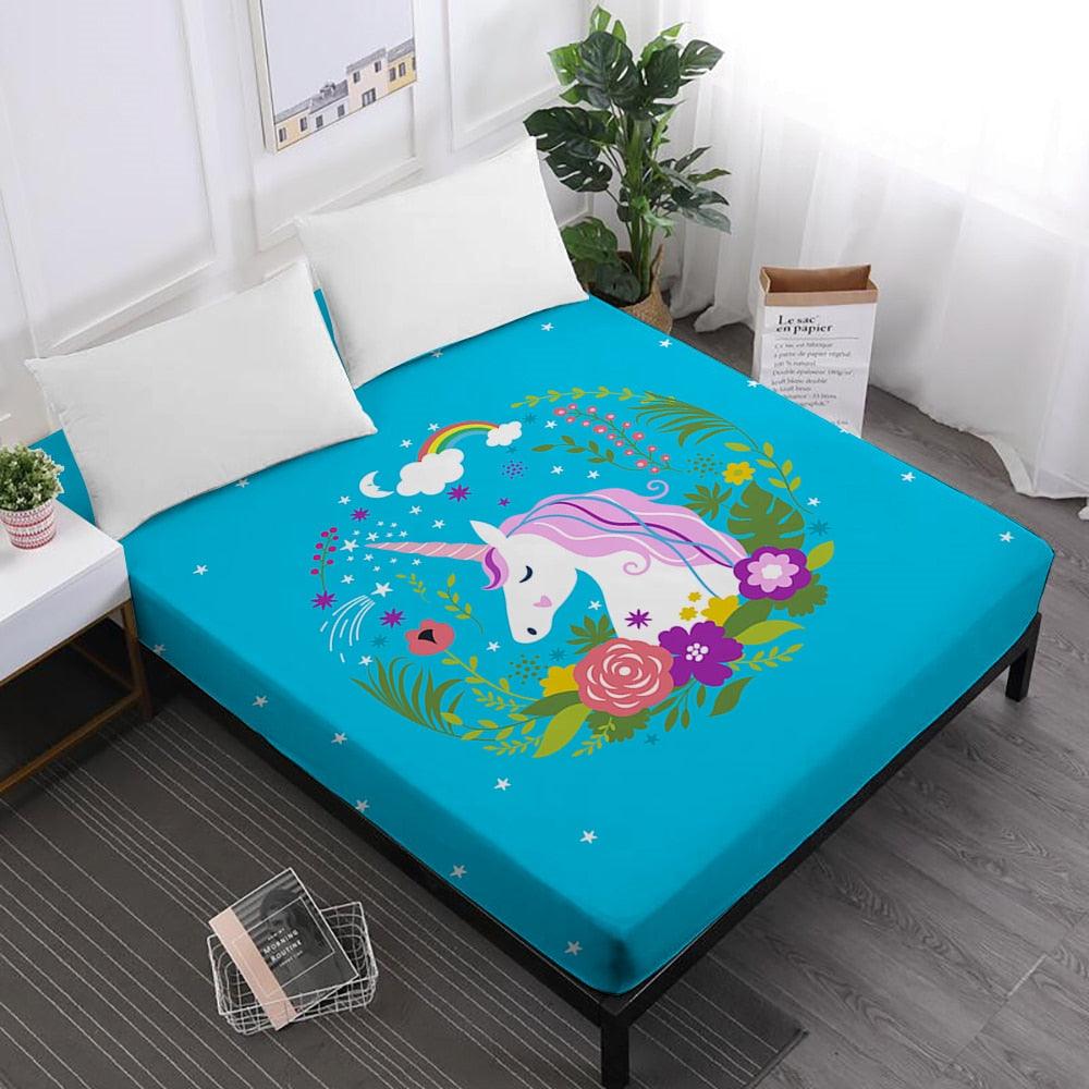 Purple Cartoon Bed Sheet Unicorn Fitted Sheet Colorful Flowers Plant Print (5BM)