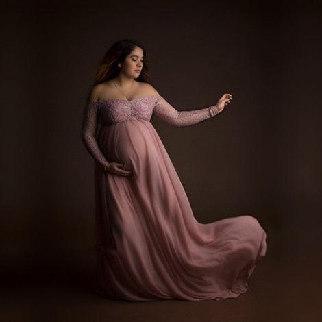 Dusty Pink Long Chiffon Maternity Photography Dress - Sweet Heart Maternity Lace Dresses - Photo Shoot Slit Open Pregnancy Dress (Z6)