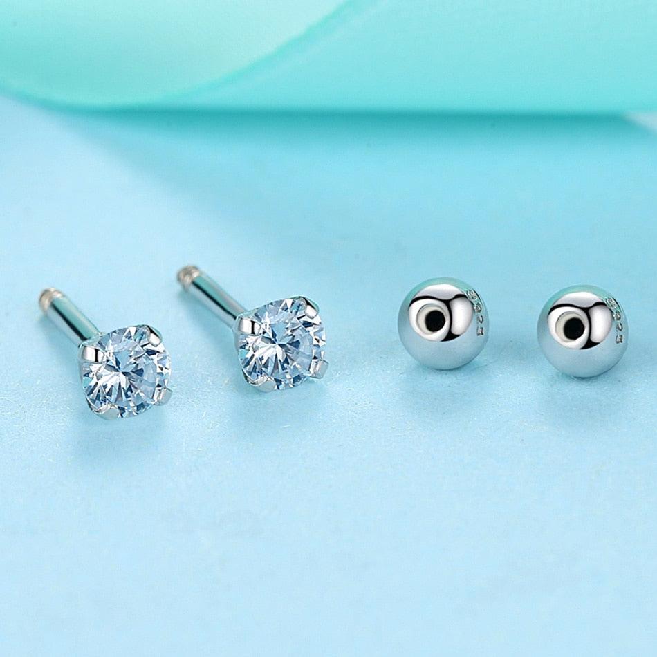 Great Zircon Crystal Round Small Stud Earrings - 925 Sterling Silver Earring (2JW1)(F81)