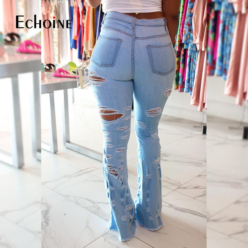 Trending High Waisted Women Ripped Jeans - Streetwear Bell Bottom Jeans - Fashion Flare Clothing - Plus Size (2U21)