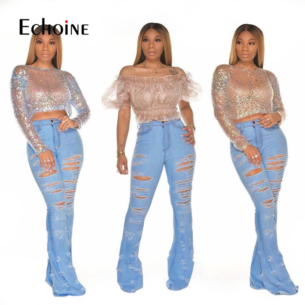 Trending High Waisted Women Ripped Jeans - Streetwear Bell Bottom Jeans - Fashion Flare Clothing - Plus Size (2U21)