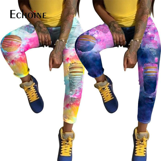 New Women Tie-Dye Print Hole Pencil Jeans - Sexy Streetwear High Waist Hollow Out Fashion Trousers (3U21)(3U35)