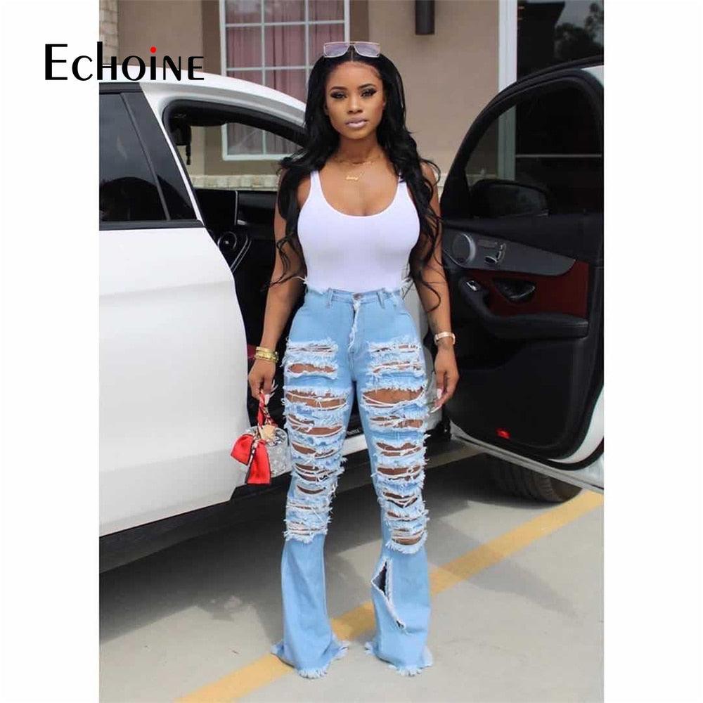 Nice Summer Ripped Jeans - Women High Waisted Fashion Jeans - Bottom Jeans Clothing (3U21)