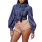 Great Women Shirt - Lantern Sleeve - Turn-Down Blue Tops Blouses - Casual Streetwear Style Loose Shirts (2U19)