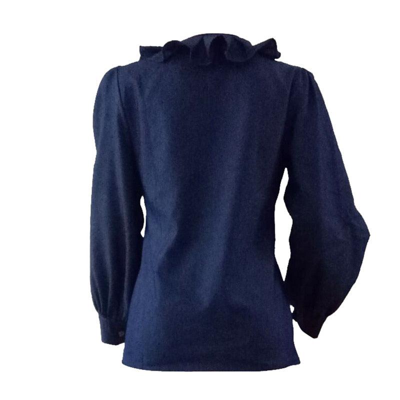 Great Women Shirt - Lantern Sleeve - Turn-Down Blue Tops Blouses - Casual Streetwear Style Loose Shirts (2U19)