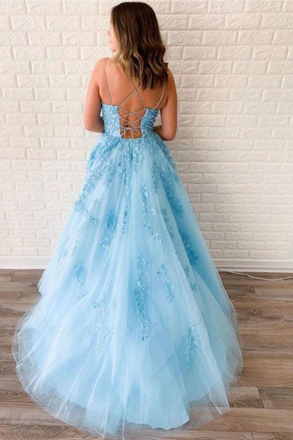 Elegant Evening Dresses - Blue, Yellow Spaghetti Strap - Lace A Line Prom Dresses (WSO3)(WSO5)(WSO4)(F18)
