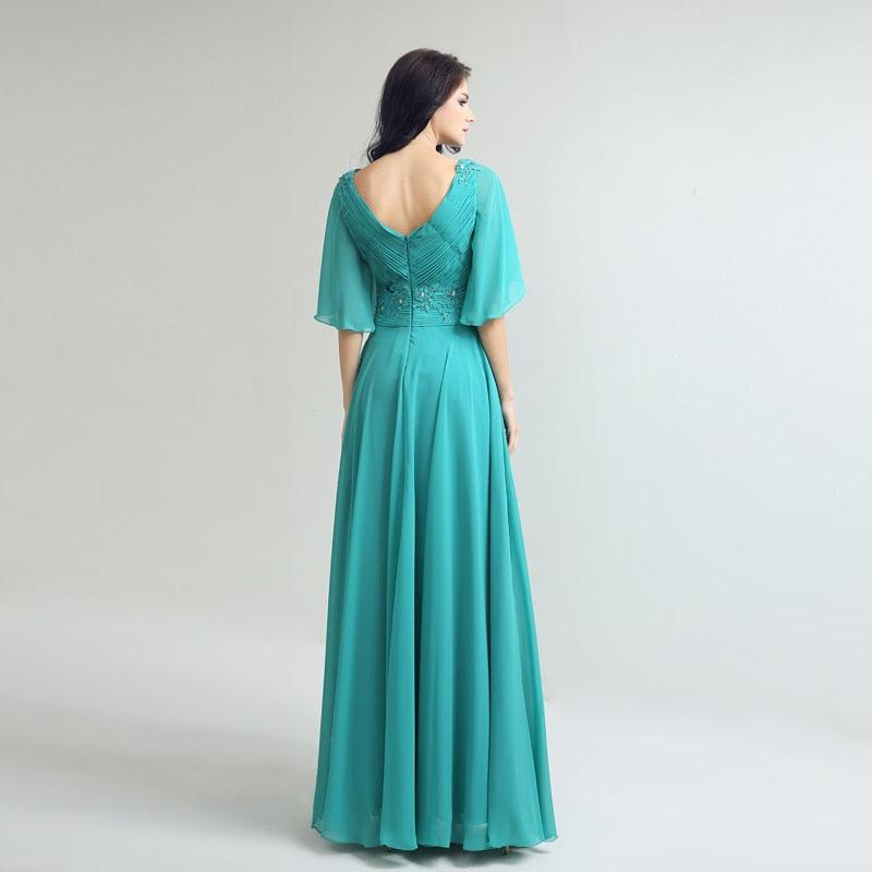 Elegant Half Sleeve Jade Long Dress - Beading Chiffon Pleated Top - V Neck Fashion Women Party Gowns (BWM)(WSO3)(BCD1)(F30)(F35)