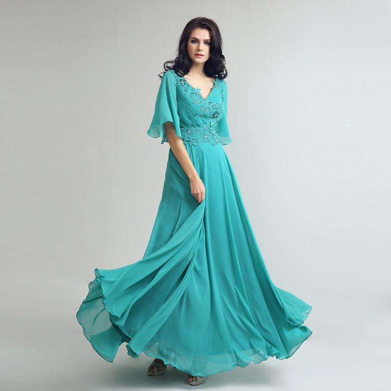 Elegant Half Sleeve Jade Long Dress - Beading Chiffon Pleated Top - V Deals DejaVu Elegant Half Sleeve Jade Long Dress - Beading Chiffon Pleated Top - V Deals DejaVu