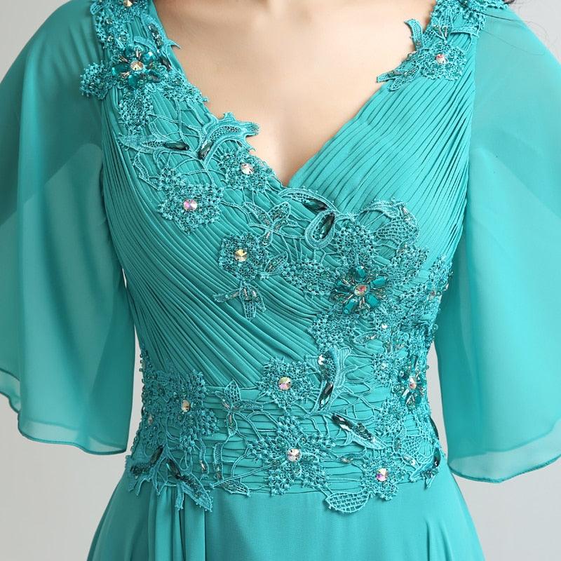 Elegant Half Sleeve Jade Long Dress - Beading Chiffon Pleated Top - V Neck Fashion Women Party Gowns (BWM)(WSO3)(BCD1)(F30)(F35)