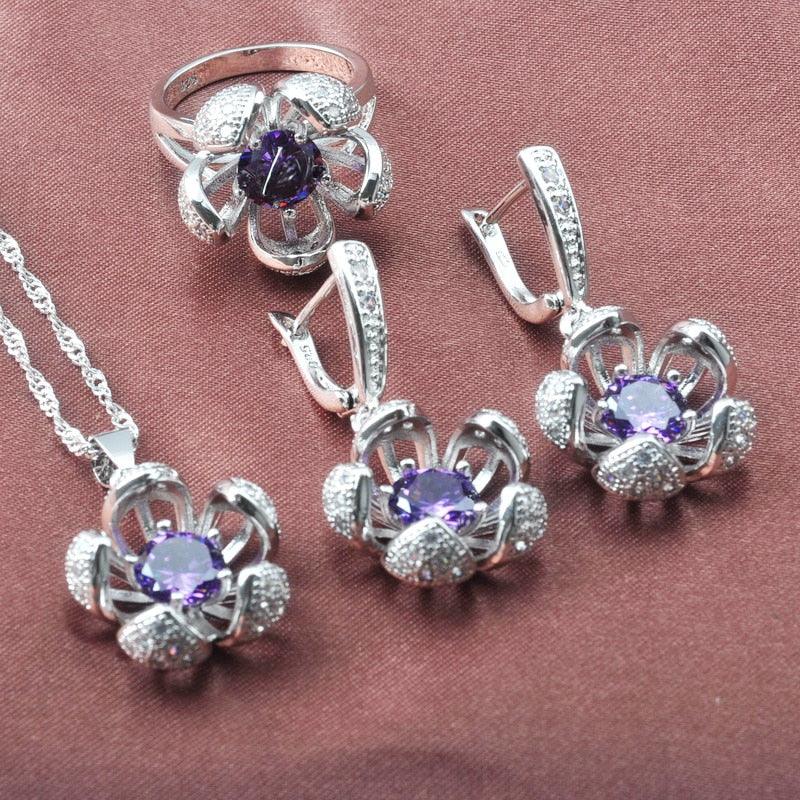 Elegant Purple Crystal Bracelet Jewelry Sets - Women Silver Color Party Wedding Jewelry (3JW)(F81)