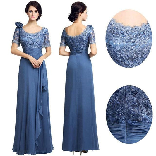 Elegant Short Sleeve Lace Gorgeous Dress - With Flower Long Chiffon Pleat Sequined Wedding Party Gowns (D30)(BWM)(WSO3)