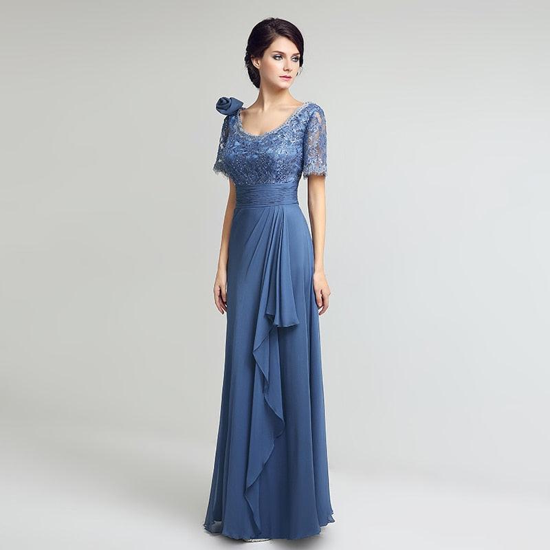 Elegant Short Sleeve Lace Gorgeous Dress - With Flower Long Chiffon Pleat Sequined Wedding Party Gowns (D30)(BWM)(WSO3)