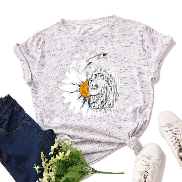 Motivational Women's T Shirts - Cotton Female Chrysanthemum Print Graphics Tops - Summer 5XL (D19)(TB2)